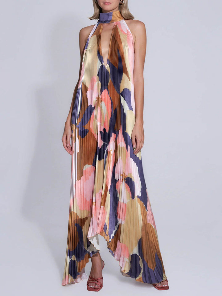 Stilig plissert Halterneck Strappy Backless Midi-kjole