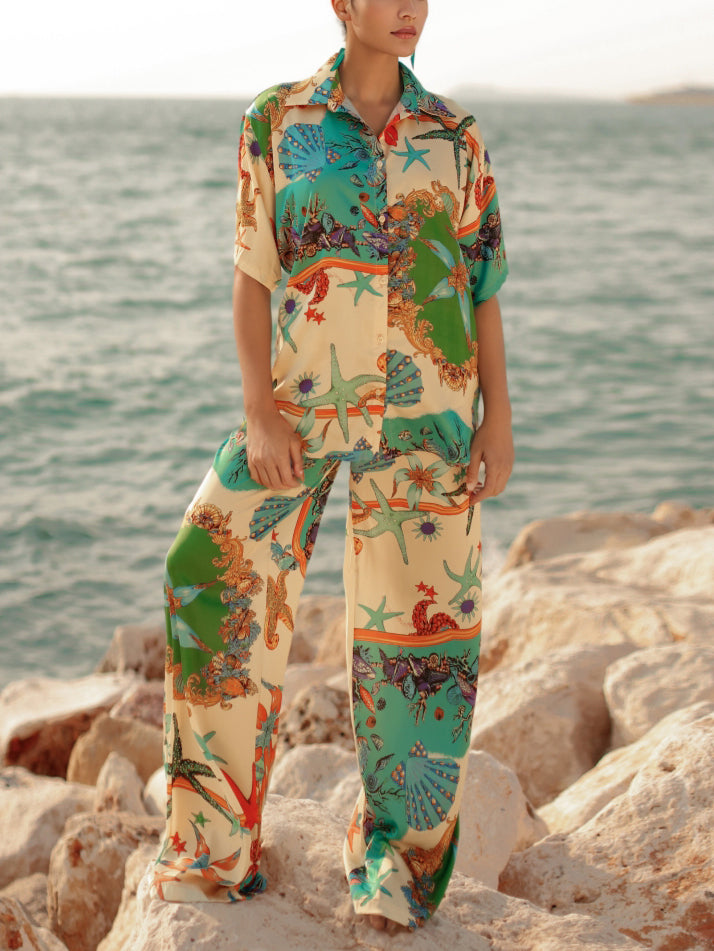 Unique Ocean Floral Print Shirt Trousers Two-Piece Set