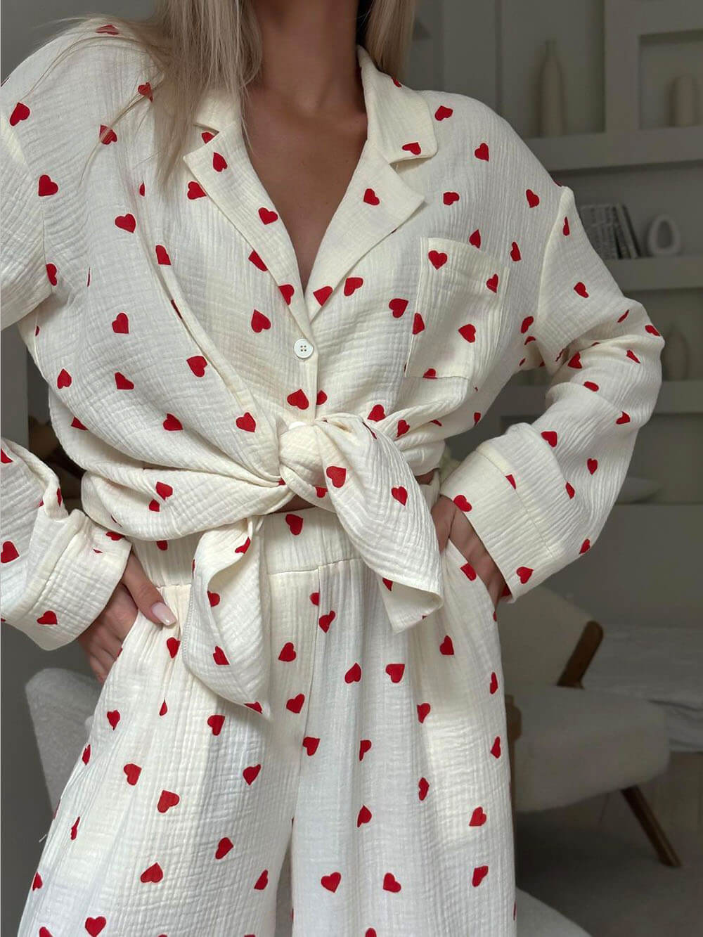 Cute Heart Print Button Down Shirt Pajama Sets