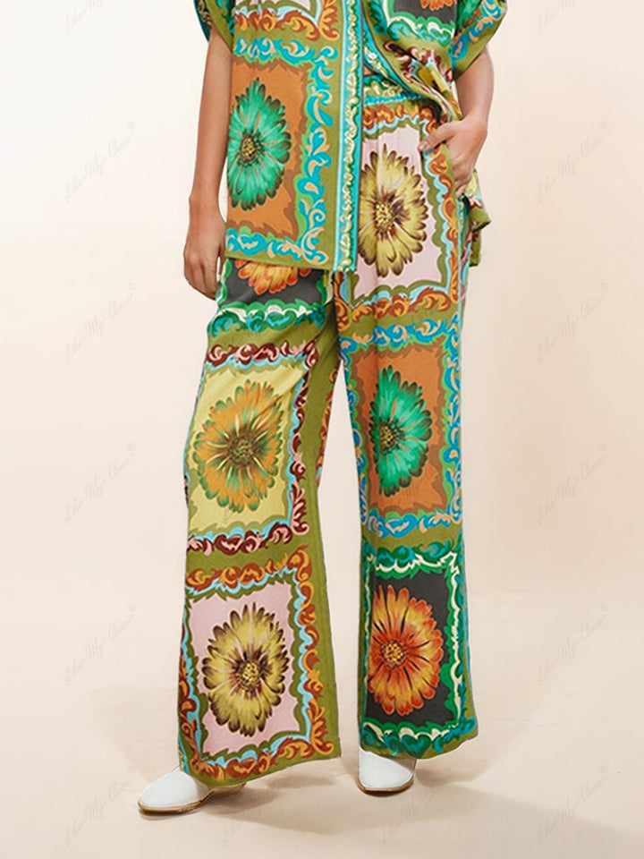 Pantaloni largi cu imprimeu floarea soarelui