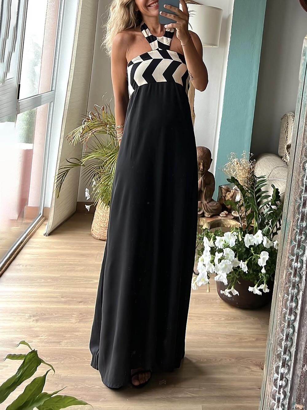 Unique Striped Print Loose Halterneck Maxi Dress
