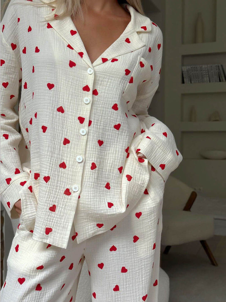 Roztomilé srdce tisk tlačítka dolů košile pyžamové sady