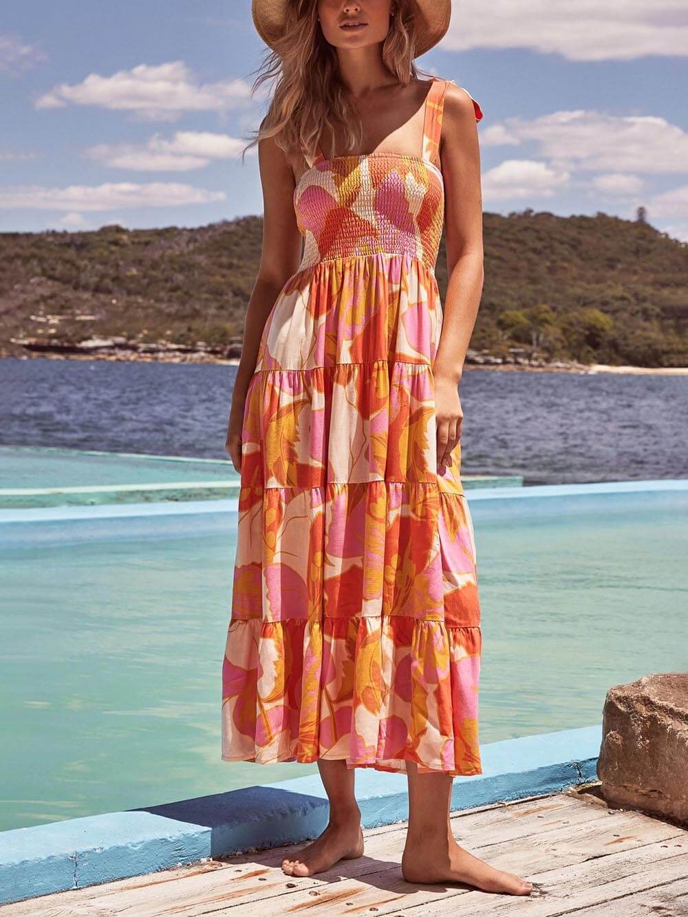 Sea Charm 민소매 플리츠 스트레치 가슴 프린트 캐미 드레스