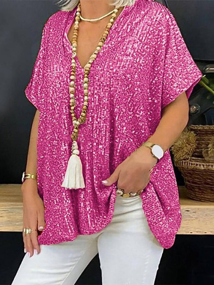 Bohemian Casual Loose Pullover Short Sleeve Sequin V-Neck Top