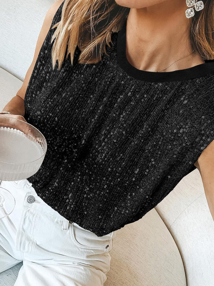 Sequined Sequined Shoulder-Padded Sleeveless Tank Top