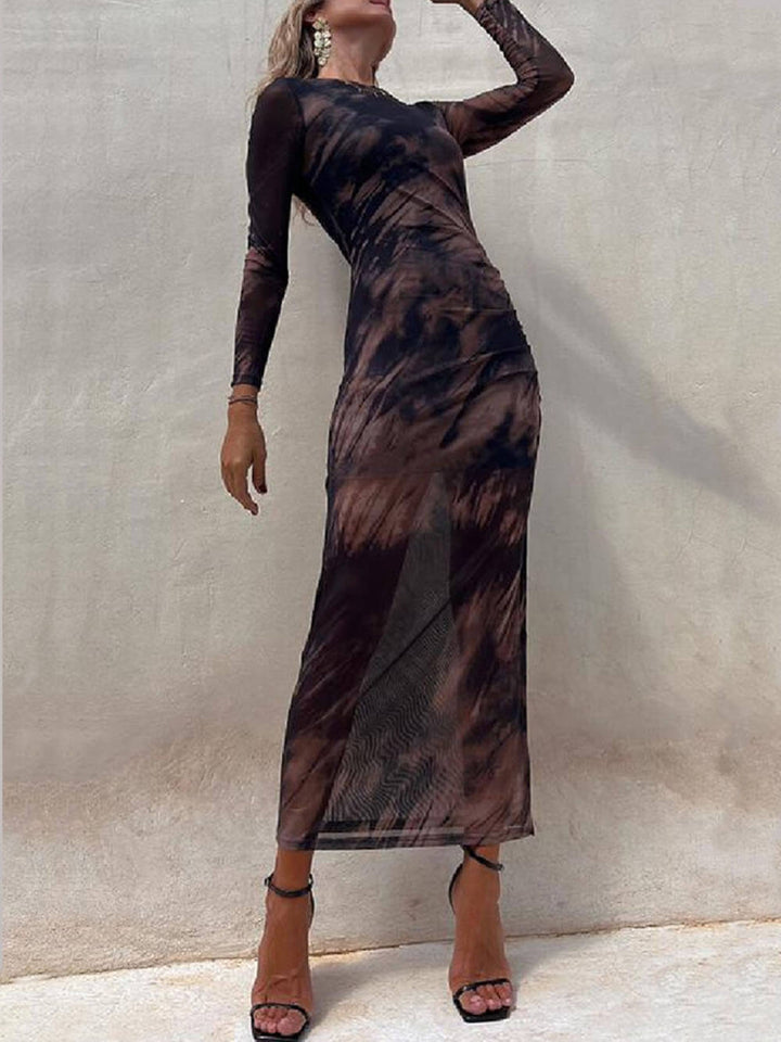 Urocza damska siateczkowa nakładka z nadrukiem tie-dye, długimi rękawami, marszczona, elastyczna sukienka midi