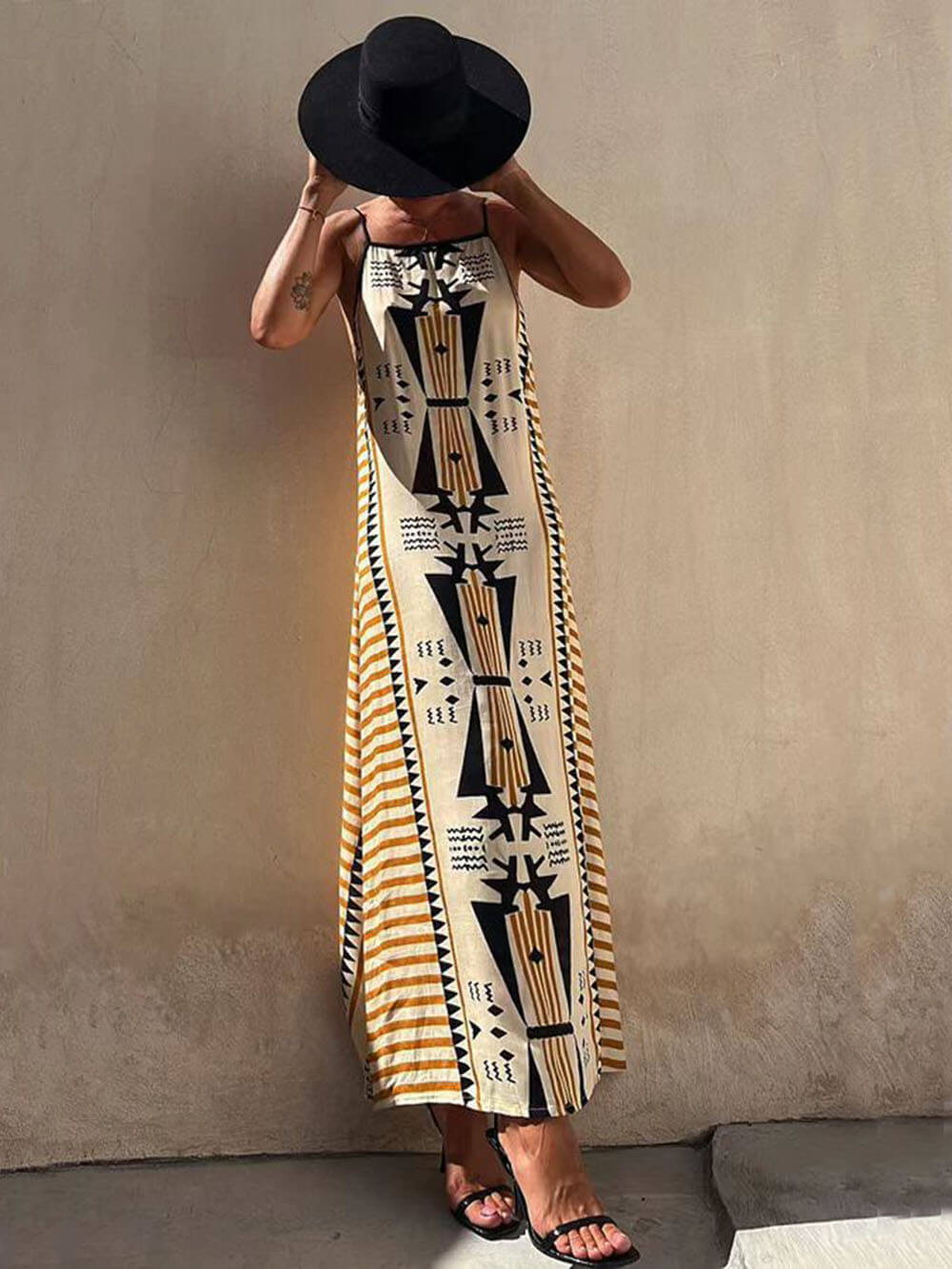 Ethnic Print Backless A-line Maxi Dress