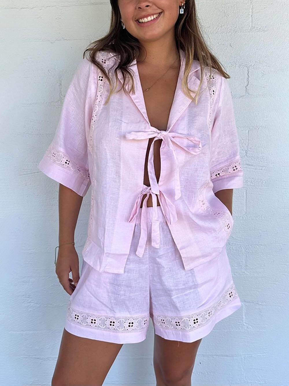 Summer Strappy Hollow Short-Sleeved Shirt And Shorts Two-Piece Set