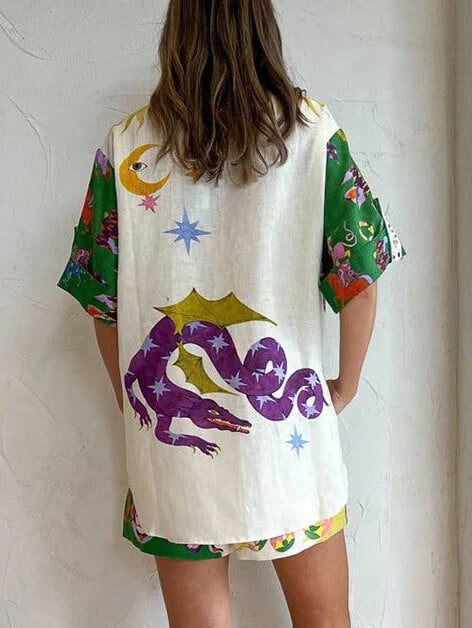 Ainutlaatuinen Holiday Style Print Lyhythihainen neuletakki löysä kaksiosainen puku