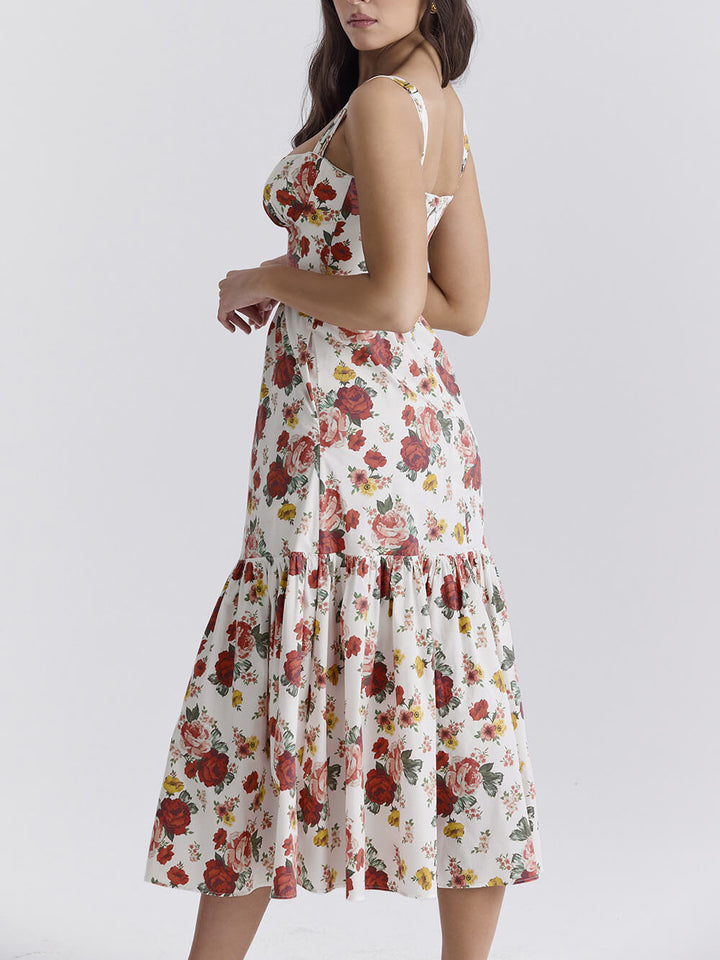 Sukienki midi w słodkim, pikantnym stylu z kwiatowym wzorem i odkrytymi plecami
