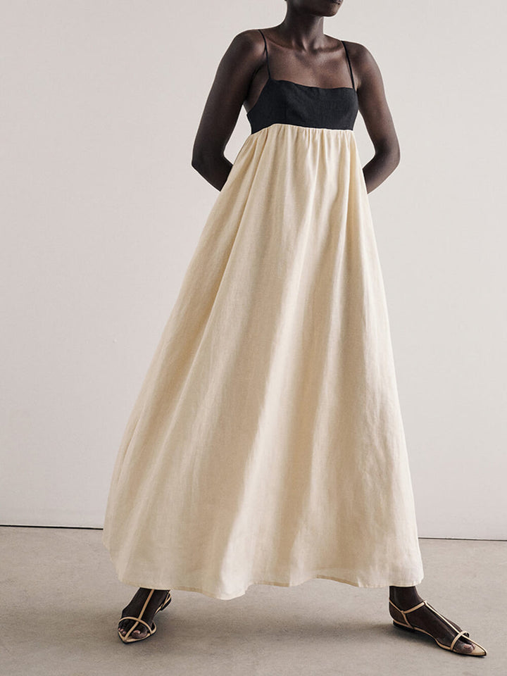 Volné podvazkové černé a bílé patchworkové maxi šaty