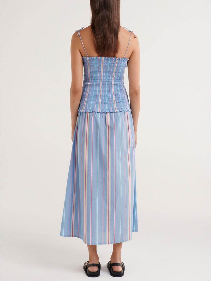 Gestreepte midi-jurk met geplooid stretchpaneel en print