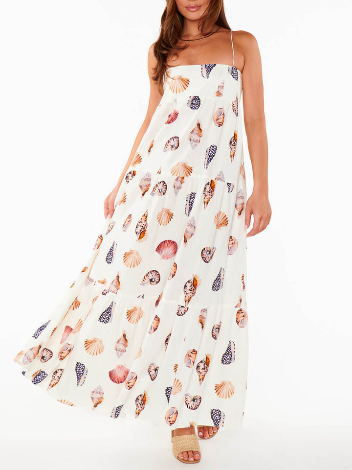 독특한 쉘 조가비 프린트 플리츠 포켓 경량 맥시 드레스