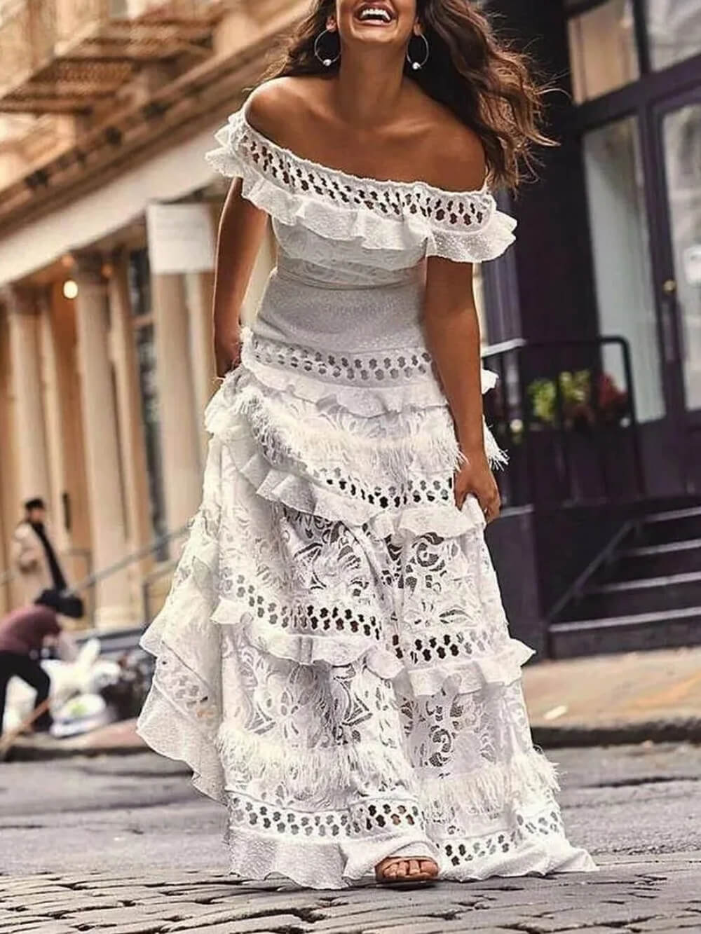 One-Shoulder Ruffled Hollow Swing Lace Patchwork Long Dress