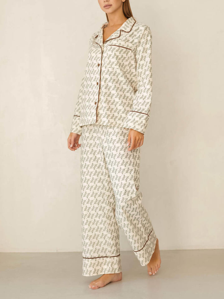 Loose Printed Brown Trim Patchwork Pajama Set