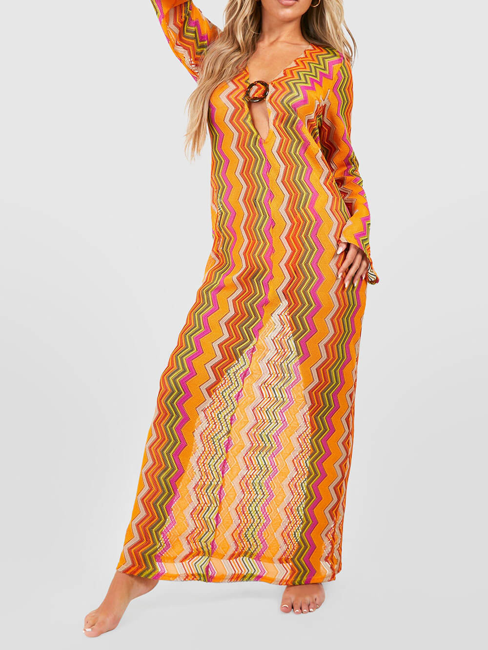 שמלת מקסי חוף עם שרוול ארוך בהדפס פסים סודה כתומה