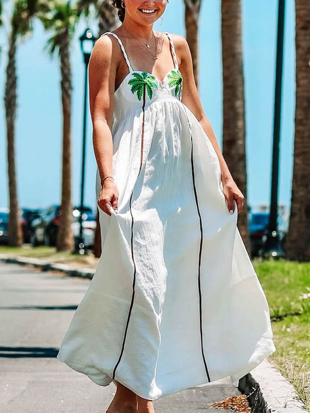 Vacation Style Coconut Tree Print Suspender Dress