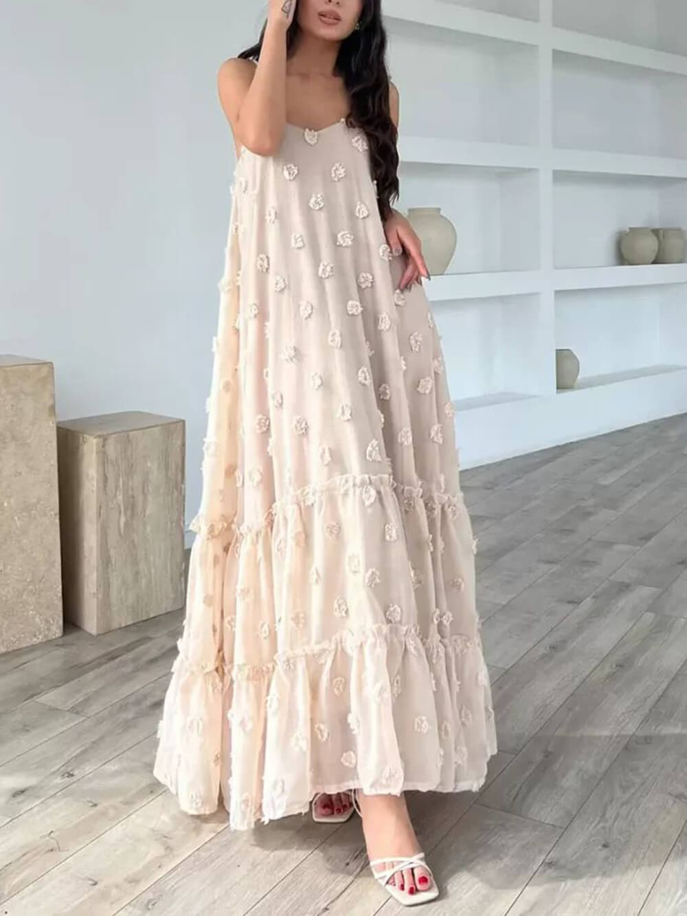 Mooie A-lijn gelaagde losse maxi-jurk met bloemendecor