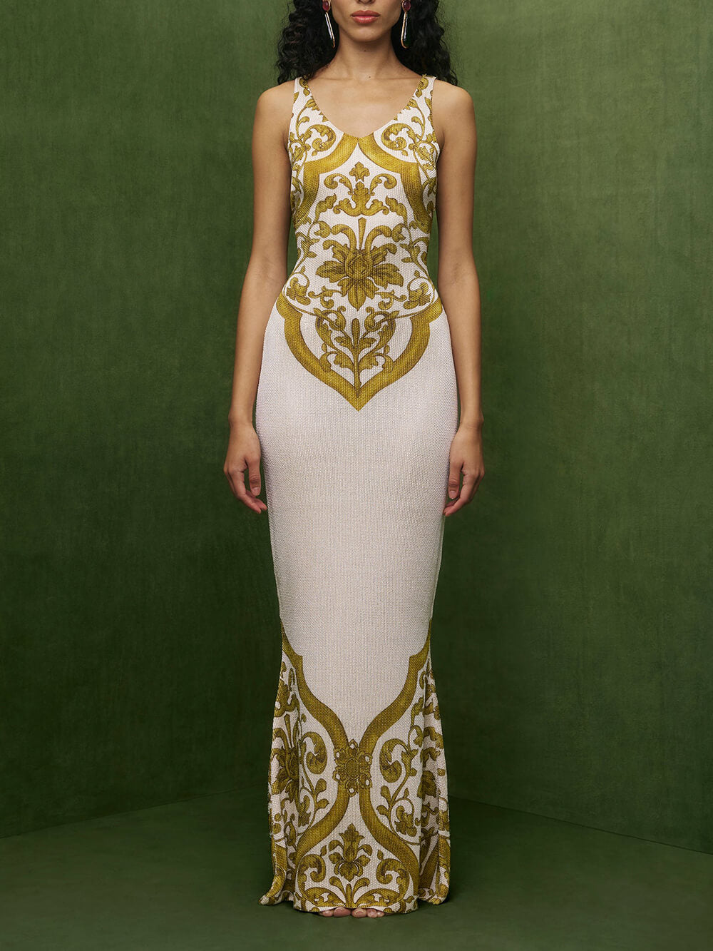 Extraordinary Elegance Symmetrical Unique Print Stretch Fishtail Maxi Dress