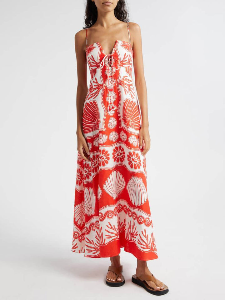 Shell 독특한 프린트 프론트 레이스업 루즈 맥시 드레스