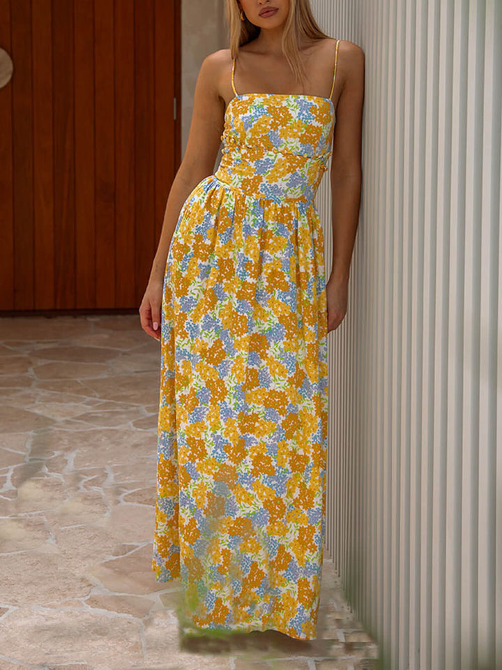 Tropical Bud Floral Suspenders Maxi Dress