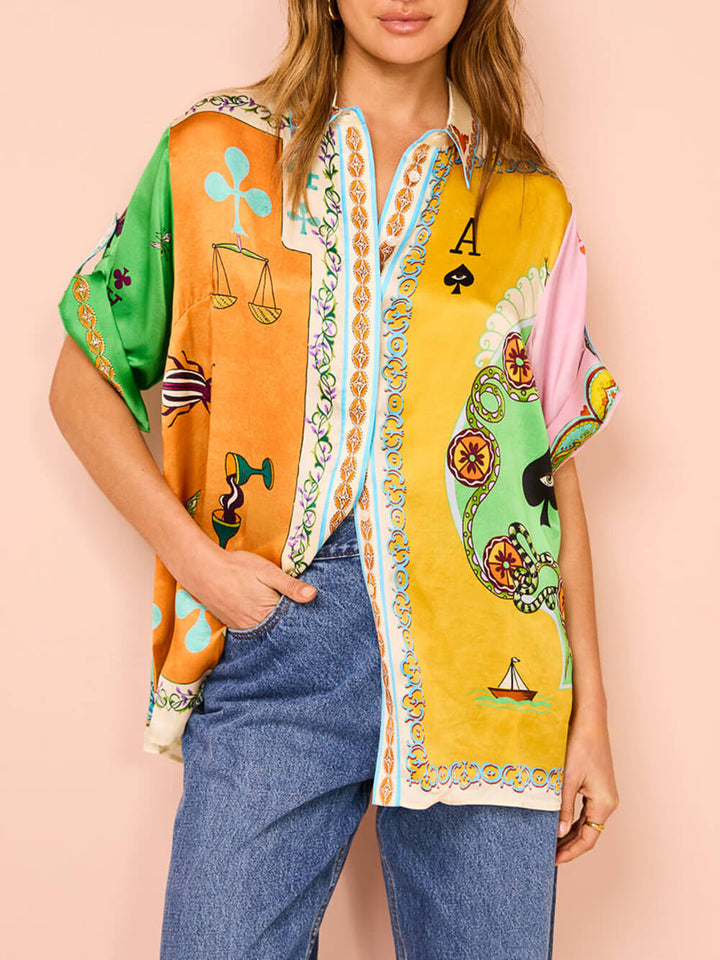 Lustige sommerliche, einzigartige Print-Button-Down-Oversize-Bluse