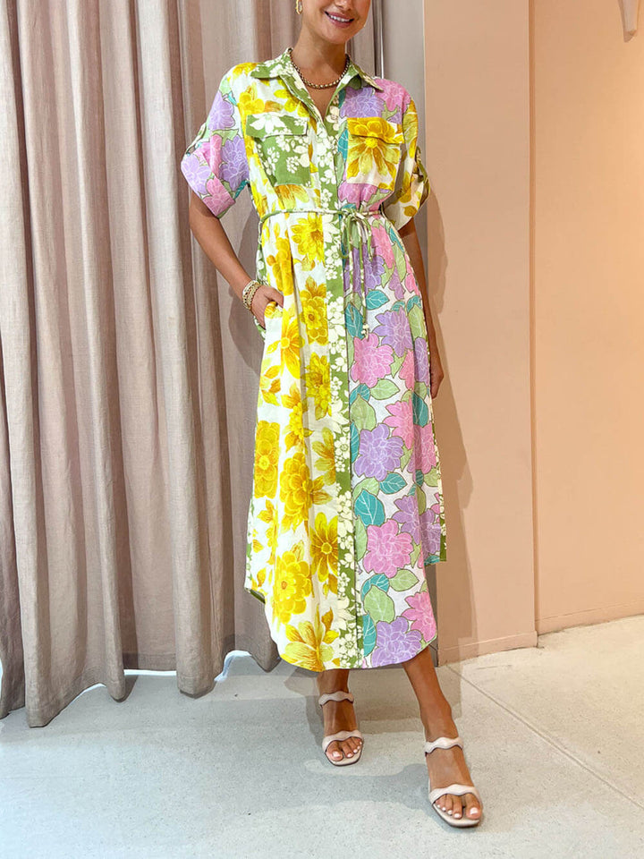 Rochie midi în stil cămașă cu panouri multicolore