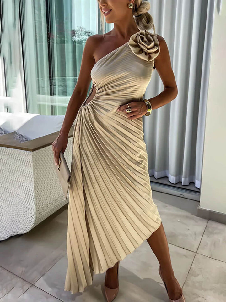 Romantic Night Guilloche Stretch Hollow One Shoulder Pleated Maxi Dress