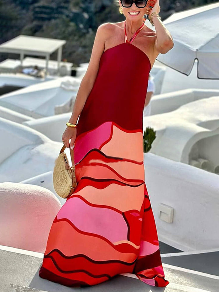 שמלת מקסי A-Line ללא גב מודפסת בסגנון חופשת קיץ