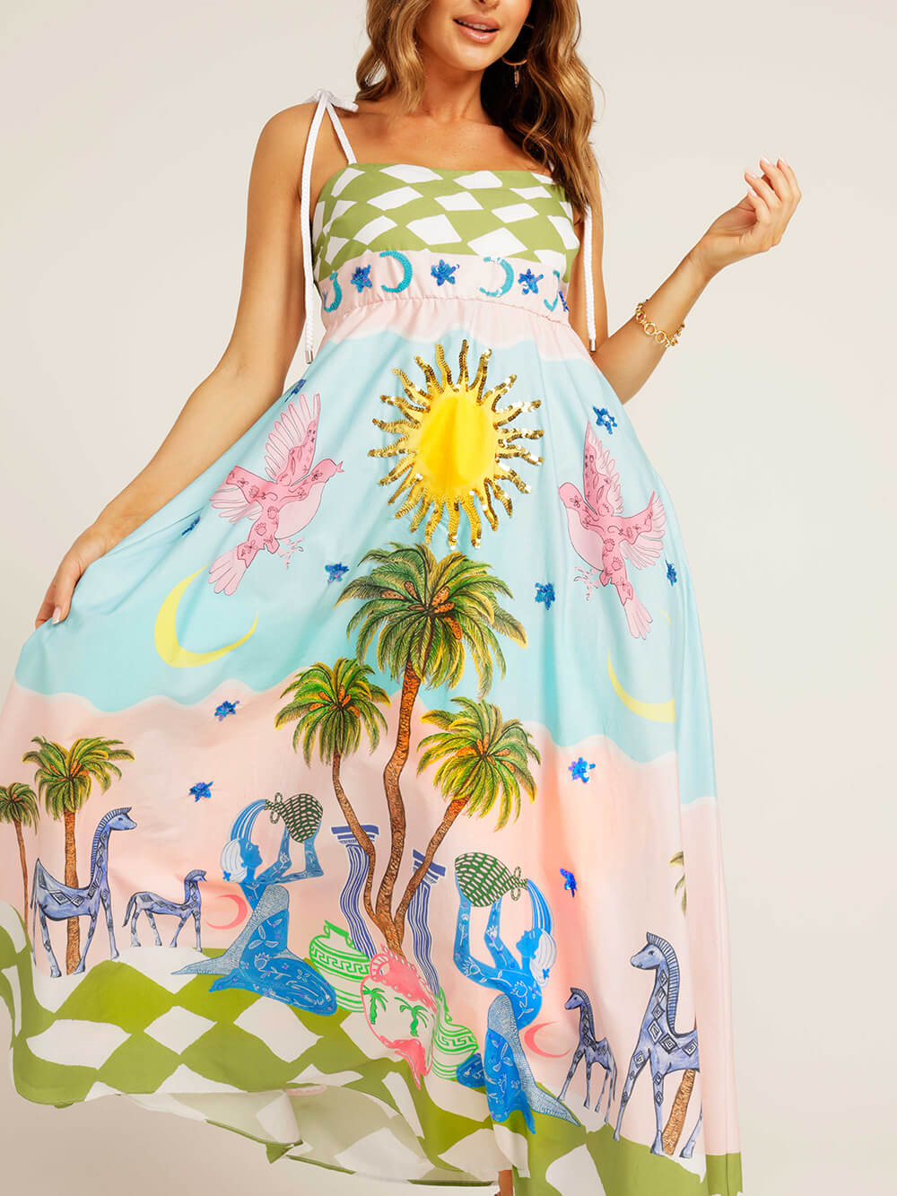 Elegante godin handgeschilderde maxi-jurk met print