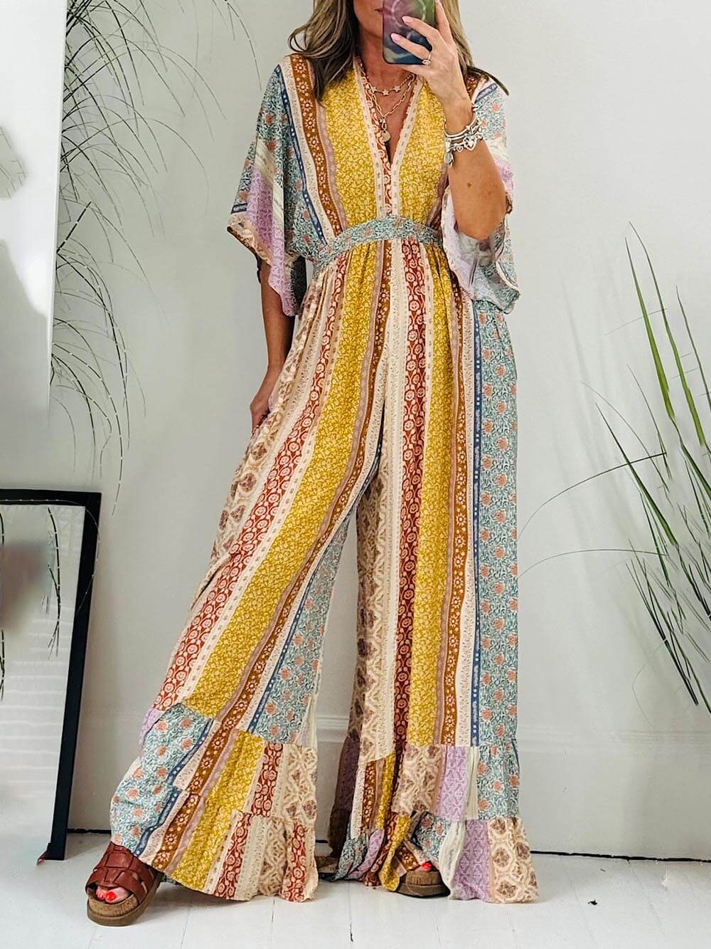 Retro Floral Flare Sleeve Pocketed Loose Wide Leg Jumpsuit