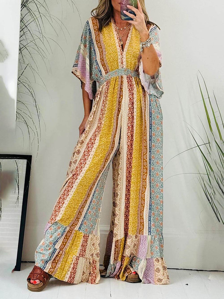 Retro Floral Flare Sleeve Pocketed Loose Wide Leg Jumpsuit
