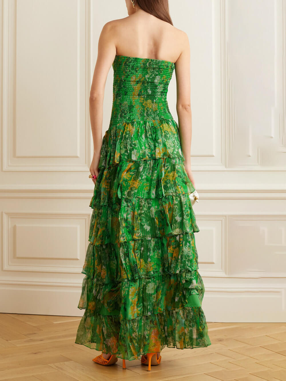 Warstwowa sukienka maxi bez ramiączek w kwiatowy wzór