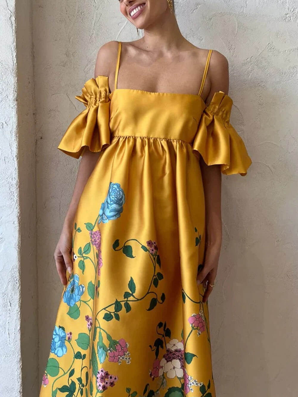 Marigold Printed Gathered Sleeve Pocketed A-Line Midi Dress