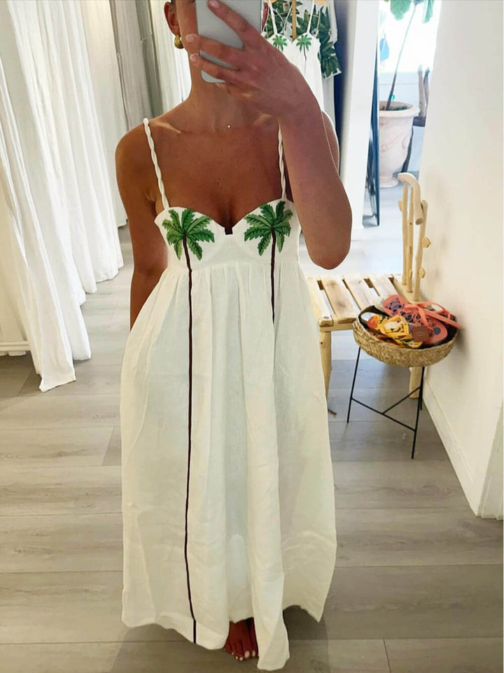 Vacation Style Coconut Tree Print Suspender Dress
