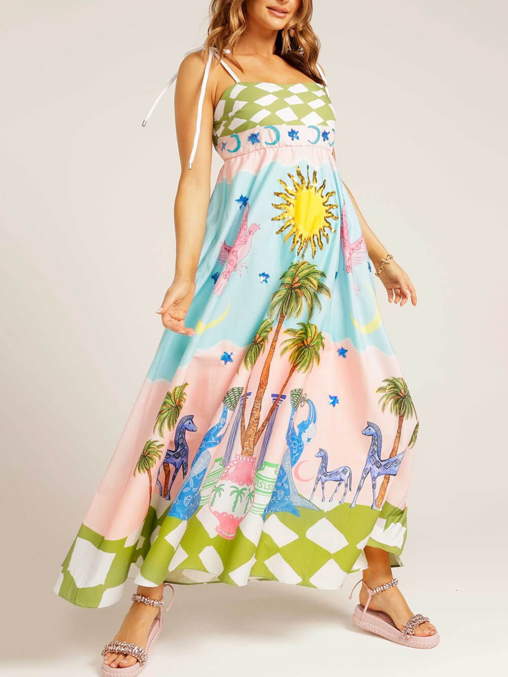 Elegant Goddess Hand-Painted Printed Maxi Dress