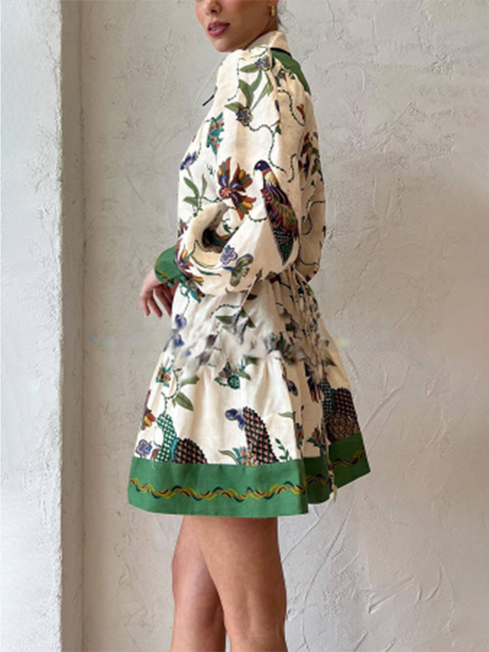 독특한 프린트 컬러 매치 벌룬 슬리브 셔츠 미니 드레스
