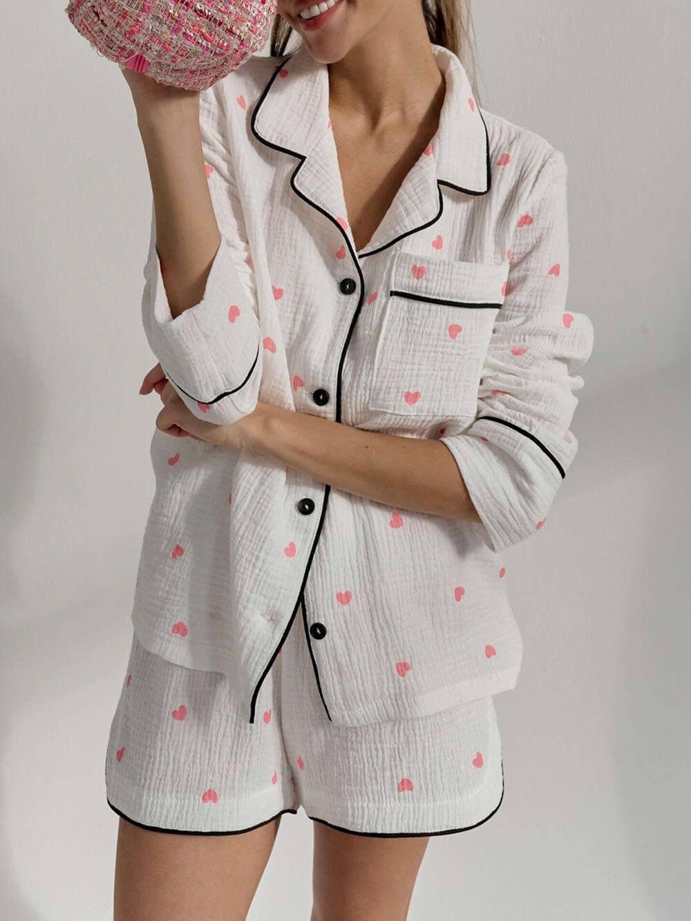 Heart Print Patchwork Shorts Pajama Set