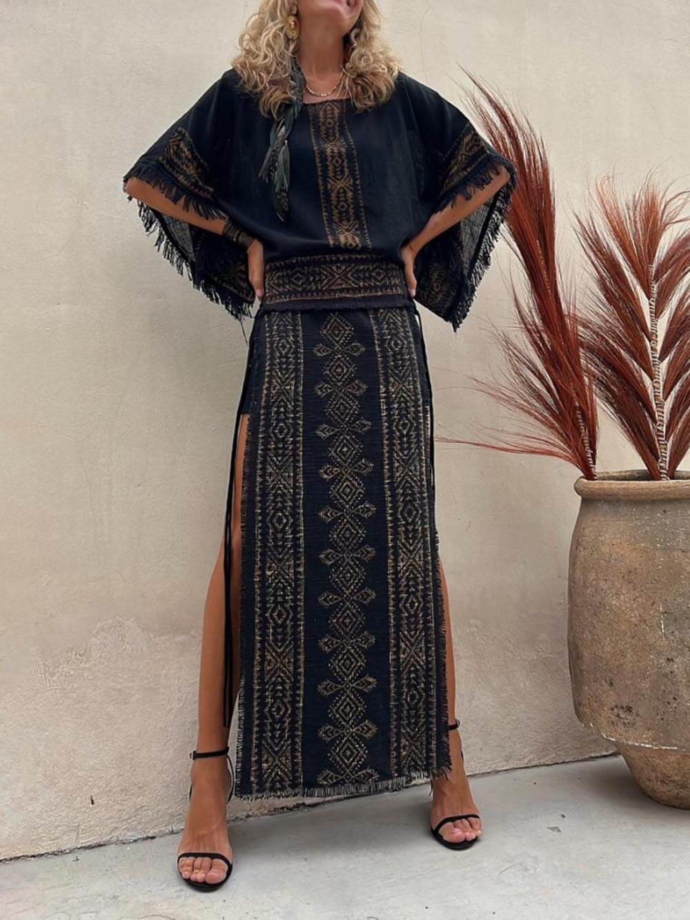 Ethnic Print Patchwork Side Lace-Up Maxi Skirt