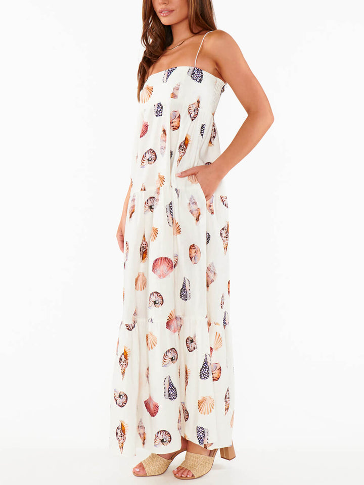 Wyjątkowa lekka sukienka maxi z nadrukiem muszli, plisowanymi kieszeniami