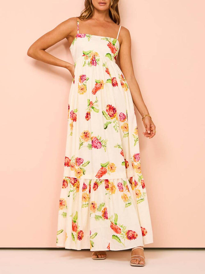 독특한 꽃무늬 홀터넥 백리스 엑스트라 맥시 드레스