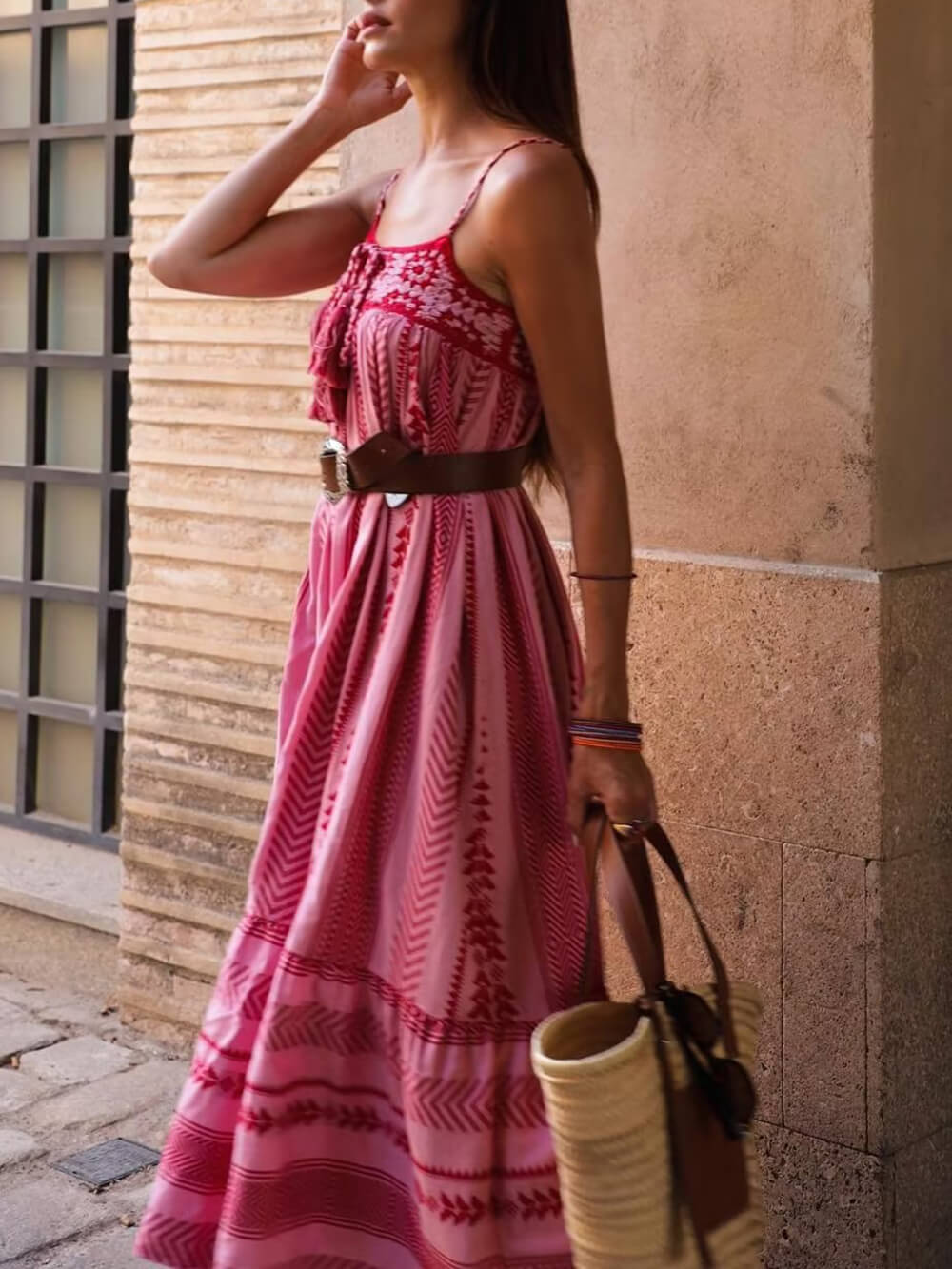 Sukienka maxi z dzianiny w stylu etnicznym, szydełkowanej, patchworkowej
