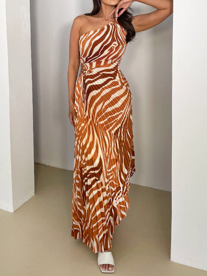 플리츠 지브라 프린트 원 숄더 드로스트링 컷아웃 맥시 드레스