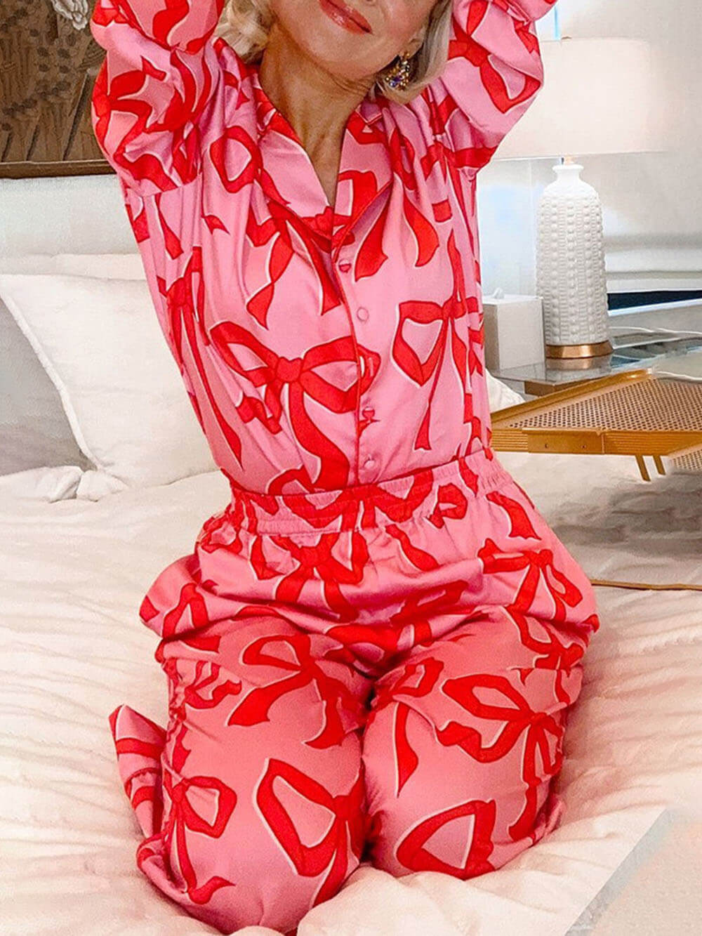 Bow Print Lapel Home Pyjamas Set
