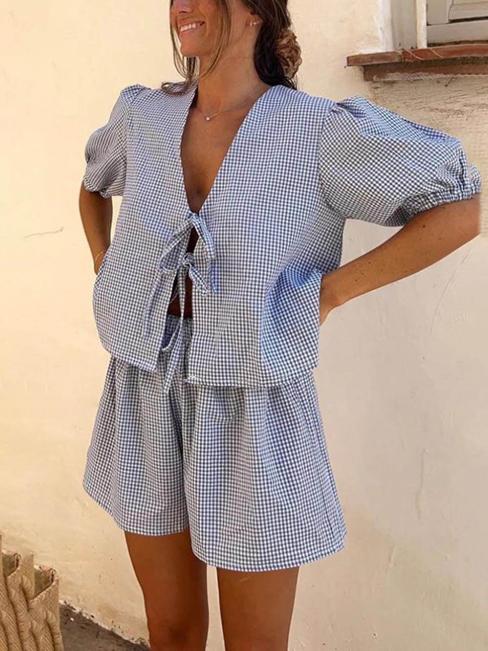 Plaid Front Lace-up Puff Sleeve Top and Elastic Waist Shorts Set