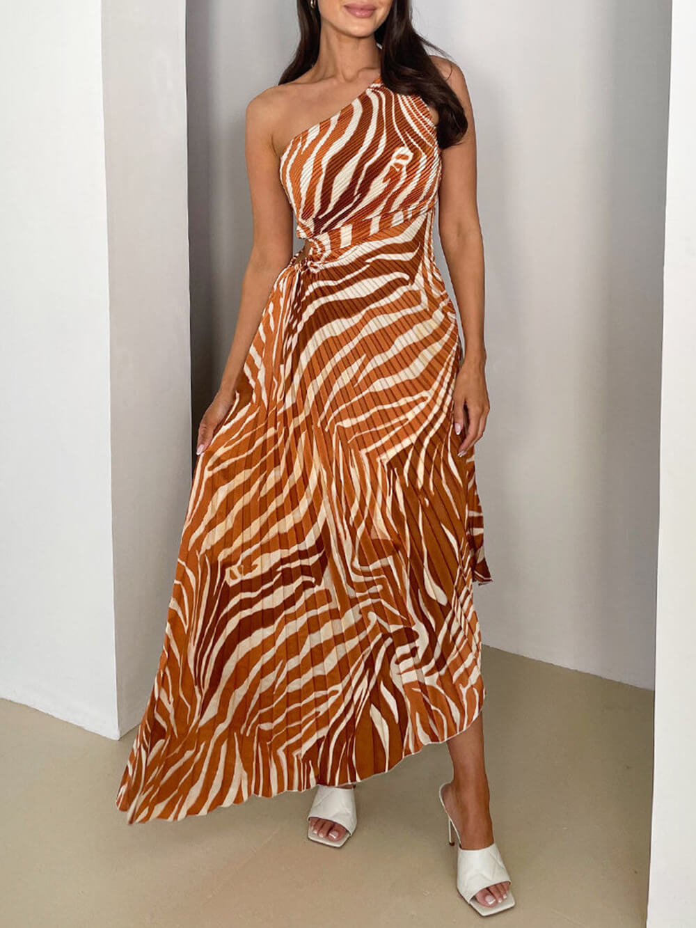 Pleated Zebra Print One Shoulder Drawstring Cutout Maxi Dress
