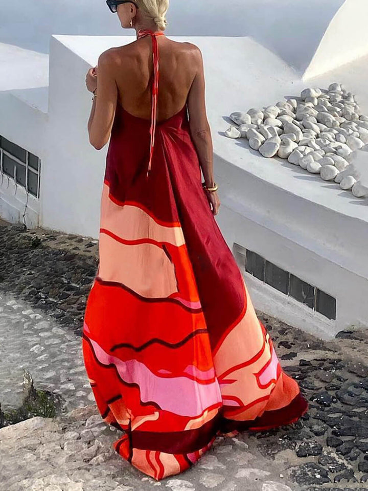 Summer Vacation Style Halter Neck Printed Backless A-Line Maxi Dress