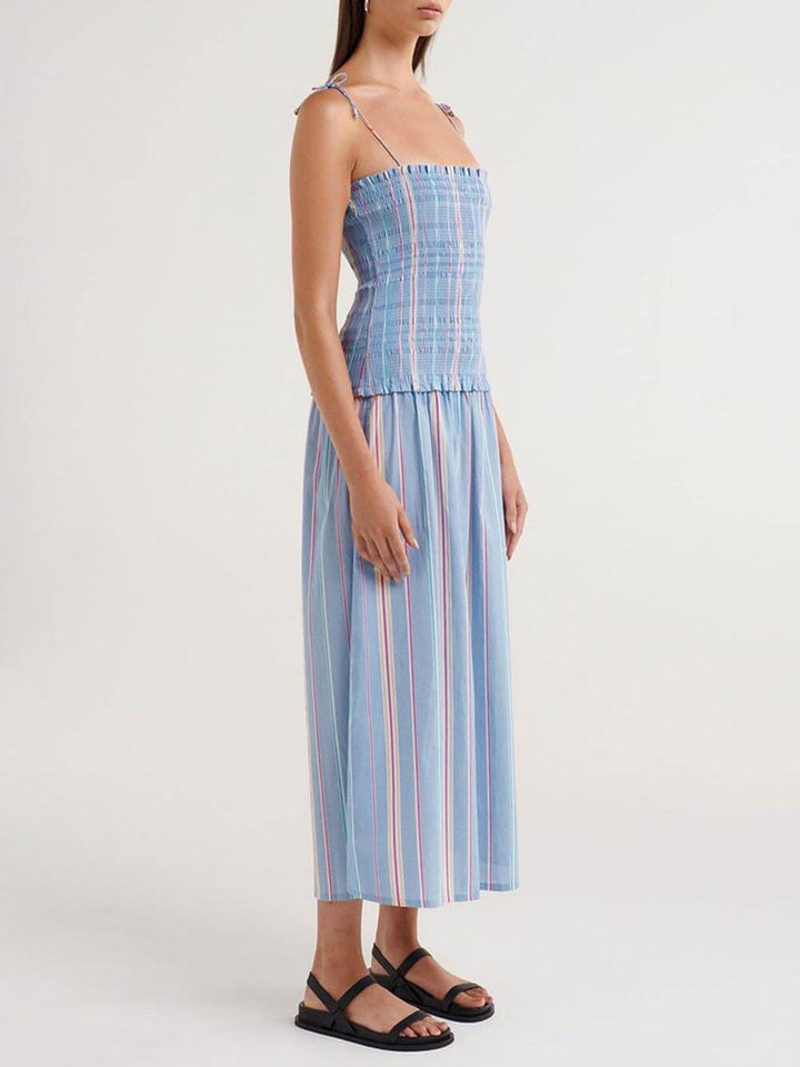 Gestreepte midi-jurk met geplooid stretchpaneel en print