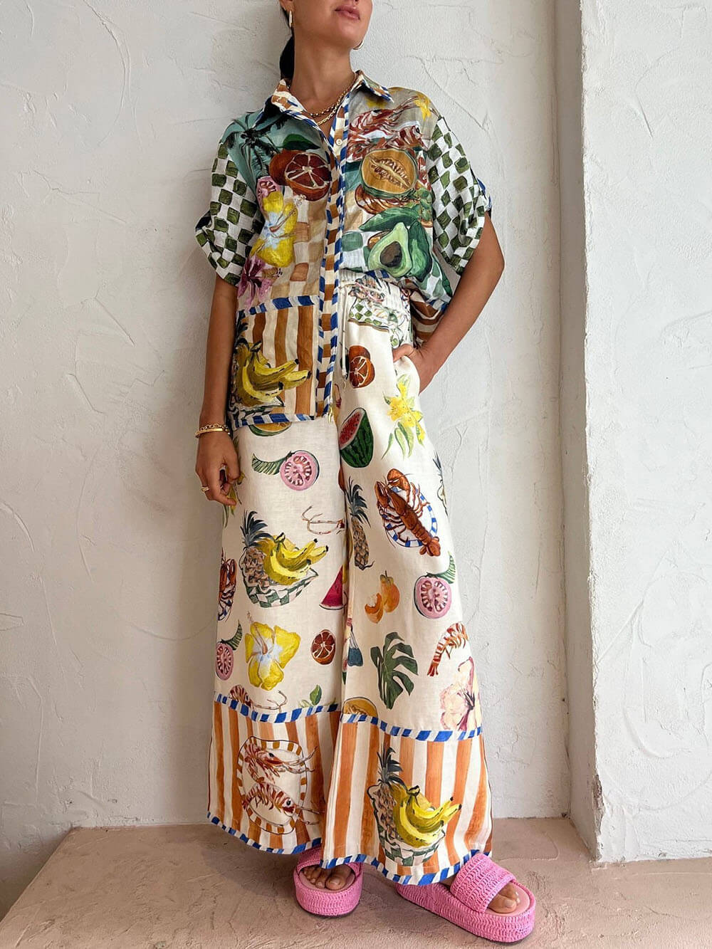 Camicia con stampa di frutta tropicale Abito con pantaloni a gamba larga con tasca elastica in vita