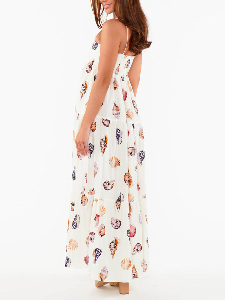 Wyjątkowa lekka sukienka maxi z nadrukiem muszli, plisowanymi kieszeniami